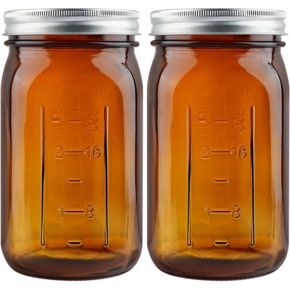 2 Pack Mason Jars 32 oz, Amber Wide Mouth Canning Jars with Airtight Lids, Glass Pint Jars with Bands Labels Brush, Large Storage Quart Jars for Jam Fermenting Preserving