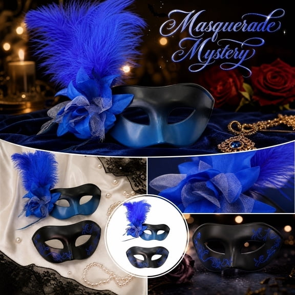 2 Pack, Masquerade Mask Set Blue Couples Halloween Masks Decorative Feather Floral Accessory for Stage Performance Themed Party Events, Masquerade Mask for Women Masquerade Mask