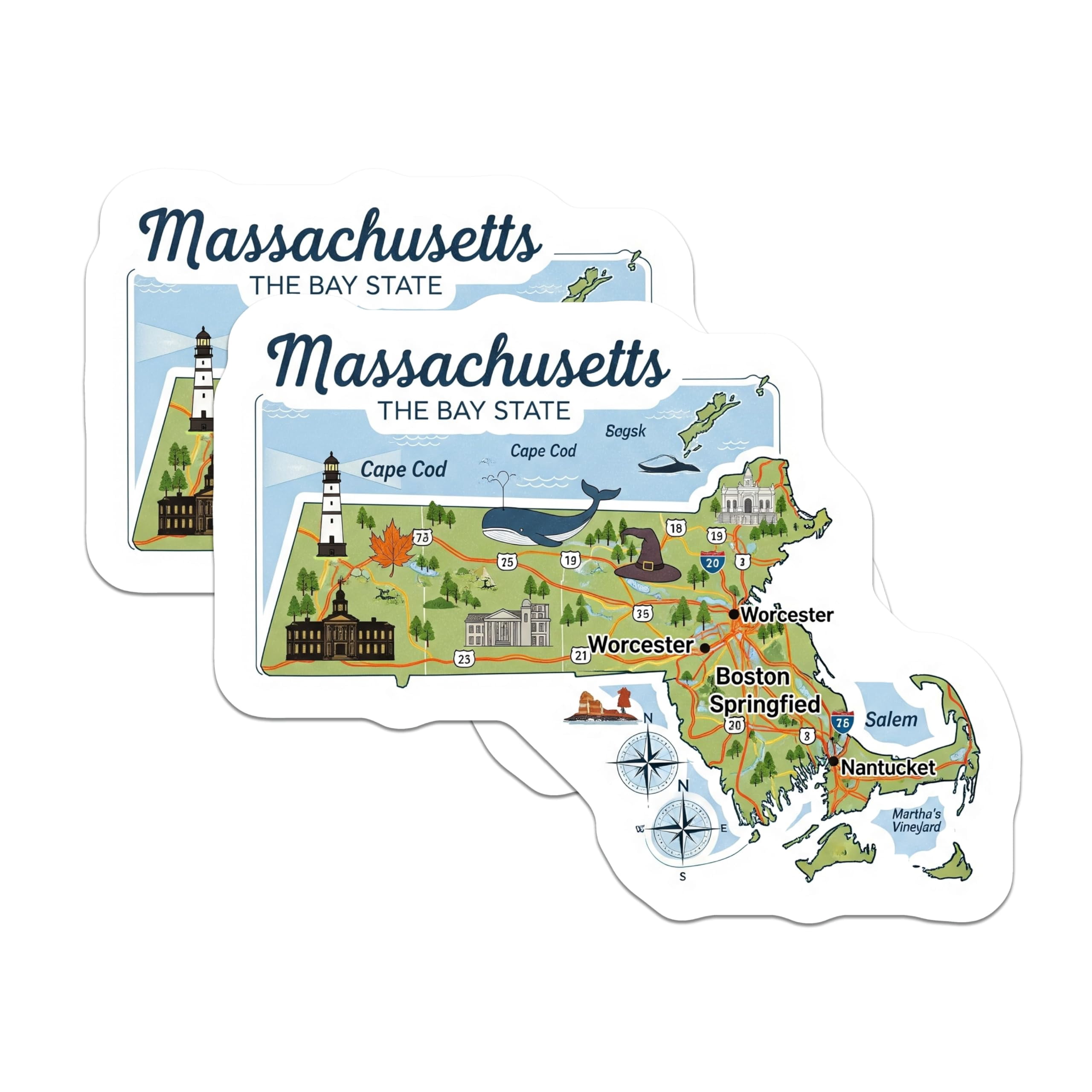 (2 Pack) Massachusetts Map Stickers - Bay State Decal - Travel Souvenir ...