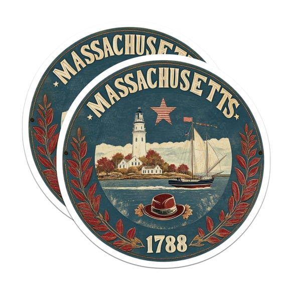 (2 Pack) Massachusetts Seal Stickers - State Pride Decals - Bay State Souvenirs - 5" On Longest Side - Sticks to Smooth Flat Surfaces - Made in USA - BMCS15261