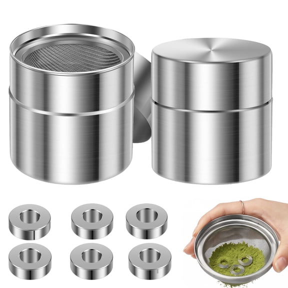 2 Pack Matcha Powder Sifter and Storage Tin Set Stainless Steel Matcha Shaker Canister with Agitator Ring Tea Powder Organizer for Kitchen Tea Bar and Coffee Station