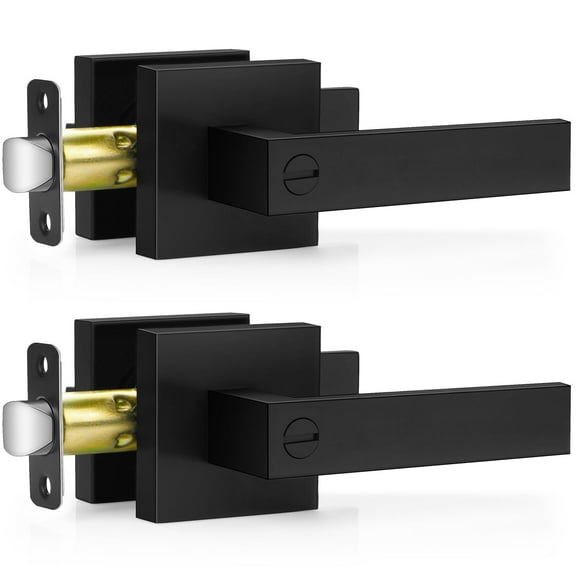 2 Pack Matte Black Door Handles, Aertyole Keyless Interior Door Knobs, Privacy Door Lever Locksets for Bedroom Bathroom, Heavy Duty Square Door Lock (2.0lb), Reversible for Left & Right Handled Doors
