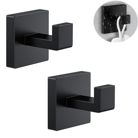 2 Pack Matte Black Towel Hook Stainless Steel Bathroom Rust Proof Clothes Coat Wall Mounted Square Toilet Kitchen Heavy Duty Door Hanger