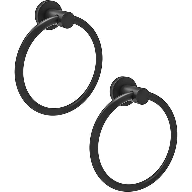 2 Pack Matte Black Towel Ring for Bathroom Kitchen Rounded Base Wall Mount, Stainless Steel, by