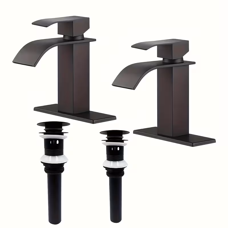 2-Pack Matte Black Waterfall Bathroom Faucets, Single Handle Single Hole Vanity Sink Faucet with Pop Up Drain Assembly, Modern Lavatory Basin Faucets for Bathroom Sink