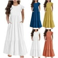 thumbnail image 1 of 2 Pack Maxi Dresses for Girls with Pockets 2025 Size 6-12 Kids Trendy Ruffle Sleeve Crewneck Solid Color Comfort Long Dress, 1 of 8
