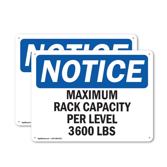 (2 Pack) Maximum Rack Capacity Per Level 3600 Lbs OSHA Notice Sign 14 Inch X 10 Inch Plastic Sign, Weather Resistant, UV Protected for Workplace, Business, and Construction Site, Made