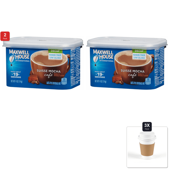 2 Pack | Maxwell House International Sugar-Free Decaf Suisse Mocha Beverage Mix, 4 Oz Tub, 4 Pack, 2 Packages (4 Tubs) & 3x 12oz Disposable Coffee Cup with Lid & Sleeve
