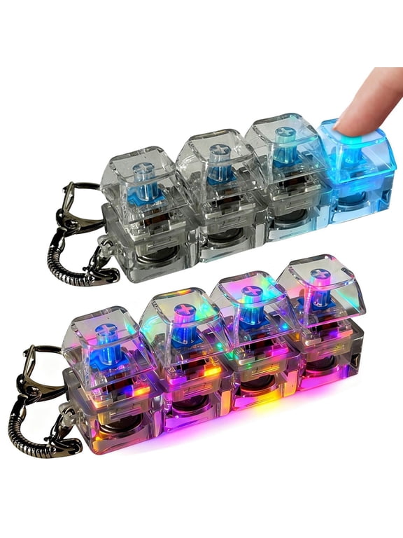 2-Pack Mechanical Keyboard Clicker Toy Backlit 4-Key Stress Relief Keychain with Led Light and Transparent Design for Focus and Anxiety Relief