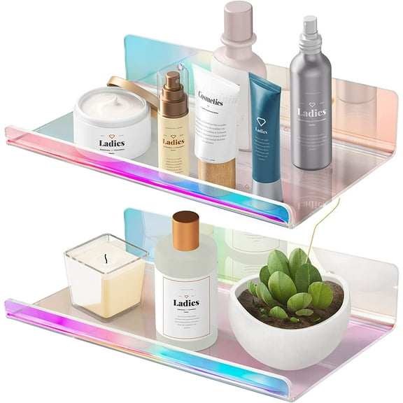 2-Pack Medium Iridescent Acrylic Floating Shelves with Edge, 7.9"x4.5" Rainbow Ledge Shelf Adhesive & Screw Wall Mounting Phone Holder Shelf for Home Dcor, Bathroom, Kitchen and Office
