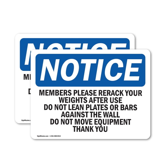 (2 Pack) Members Please Rerack Your Weights After OSHA Notice Sign