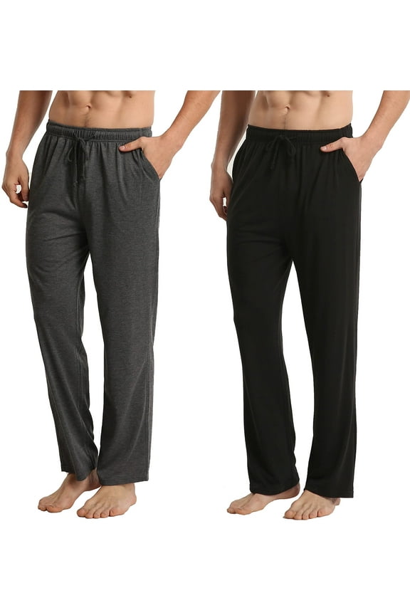 Men's 2 Pack Pajama Pants with Pockets, Jersey Knit Lightweight Sleep Bottoms, Size Large