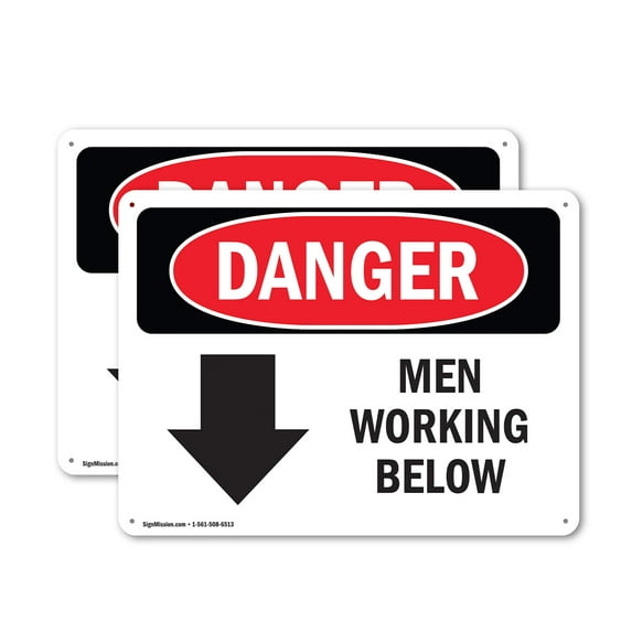 (2 Pack) Men Working Below OSHA Danger Sign 14 Inch X 10 Inch Indoor / Outdoor Rust-Free Aluminum Metal Signs for Workplace, Workshop, and Construction Site, Made in the USA