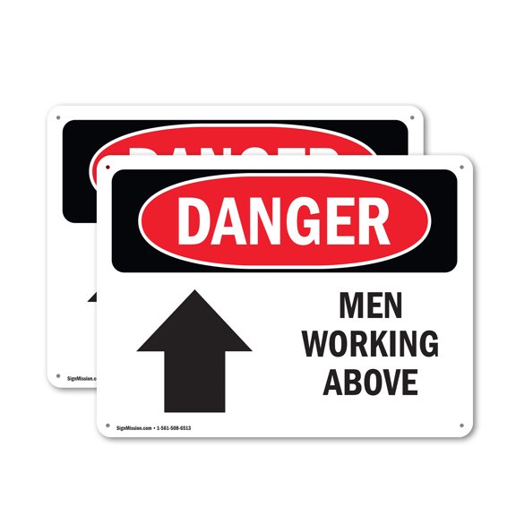 (2 Pack) Men Working Above OSHA Danger Sign 18 Inch X 12 Inch Plastic Sign, Weather Resistant, UV Protected for Workplace, Business, and Construction Site, Made in the USA