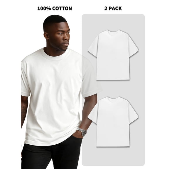 2-Pack Men's 100% Cotton Crew Neck Short-Sleeve T-Shirts, 180g, 1.5% Shrinkage Rate, Bulk