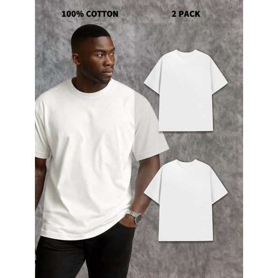 2-Pack Men's 100% Cotton Crew Neck Tees - 180g, Shrink-Resistant, Cost-Effective, White