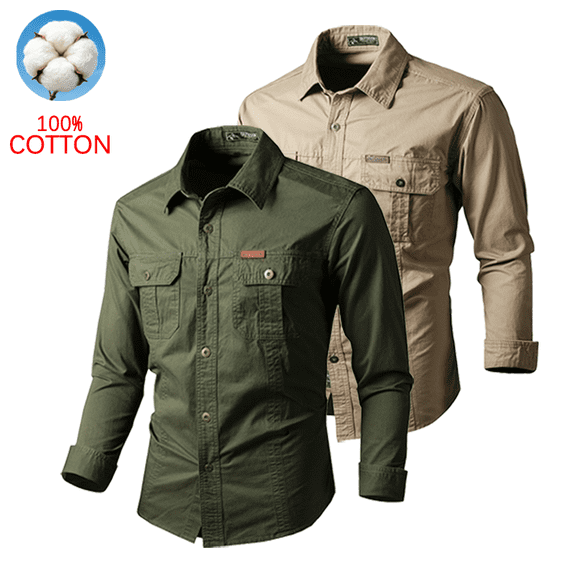 2 Pack Men's 100% Cotton Long Sleeve Cargo Shirts, Button Down Utility Work Shirts with Dual Chest Pockets, Outdoor Casual Dress Shirts for Daily Working