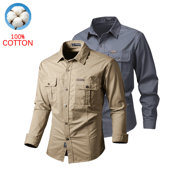 2 Pack Men's 100% Cotton Long Sleeve Cargo Shirts, Button Down Utility Work Shirts with Dual Chest Pockets, Outdoor Casual Dress Shirts for Daily Working