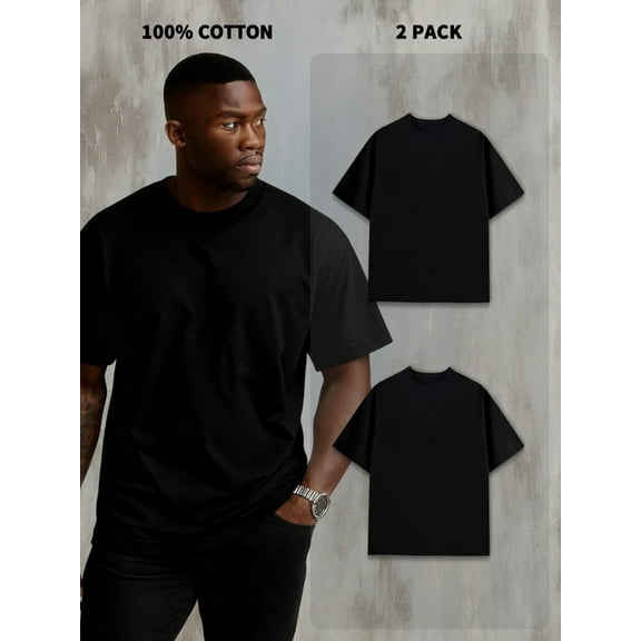 2-Pack Men's 100% Cotton Short Sleeve Crew Neck Tees - 180g, Shrink-Resistant, Cost-Effective, Black