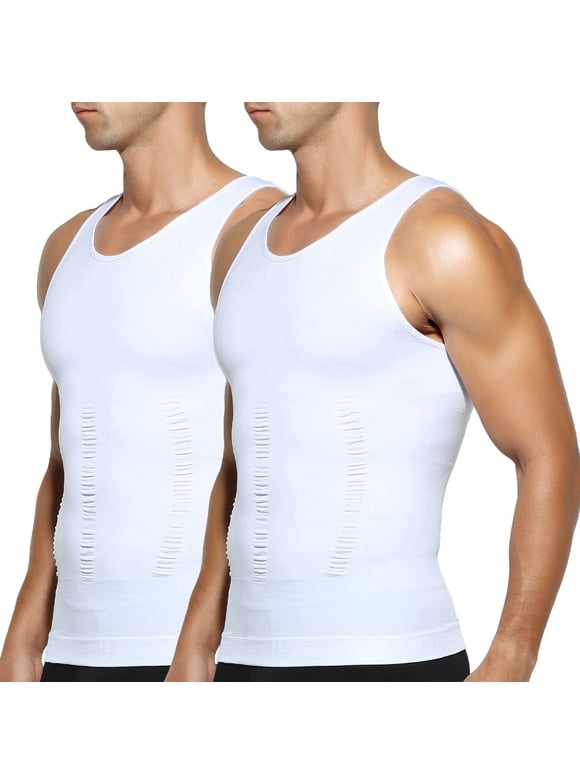 2 Pack Men's Body Shaper Compression Shirt Slimming Tank Top Sleeveless Shapewear Undershirt Gynecomastia Tummy Control