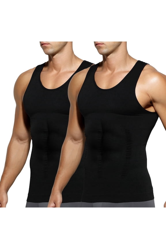 2 Pack Men's Body Shaper Compression Shirt Slimming Tank Top Sleeveless Shapewear Undershirt Gynecomastia Tummy Control