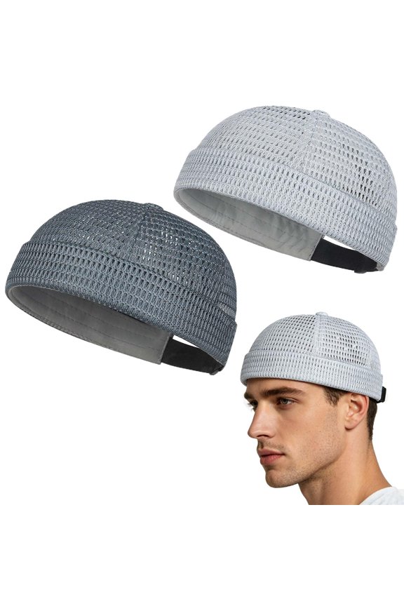 2 Pack Men's Breathable Brimless Hat Summer Mesh Cooling Skull hat Adjustable Hip-Hop Cap for Summer Outdoor