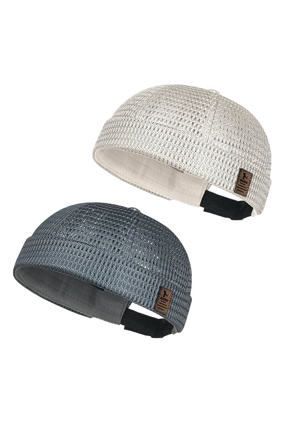 2 Pack Men's Breathable Brimless Mesh Cap, Lightweight Summer Skull Hat with Ventilated Adjustable Fit, Trendy Outdoor Beach Travel Headwear for Hiking Streetwear Daily Use Beige