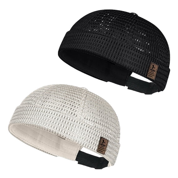 2 Pack Men's Breathable Brimless Mesh Cap, Lightweight Summer Skull Hat with Ventilated Adjustable Fit, Trendy Outdoor Beach Travel Headwear for Hiking Streetwear Daily Use Khaki