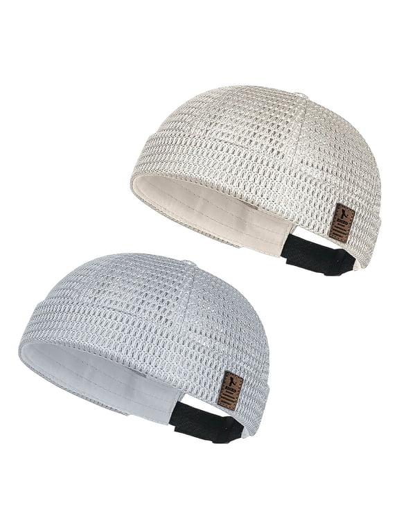 2 Pack Men's Breathable Brimless Mesh Cap, Lightweight Summer Skull Hat with Ventilated Adjustable Fit, Trendy Outdoor Beach Travel Headwear for Hiking Streetwear Daily Use White
