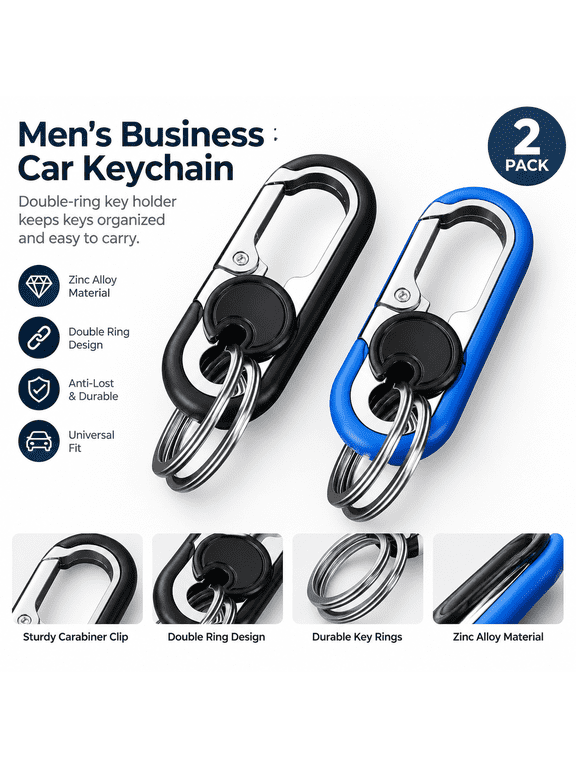 2 Pack Mens Car Keychain with Double Rings, Stylish Zinc Alloy Key Holder for Keys and Car Use, Black & Blue