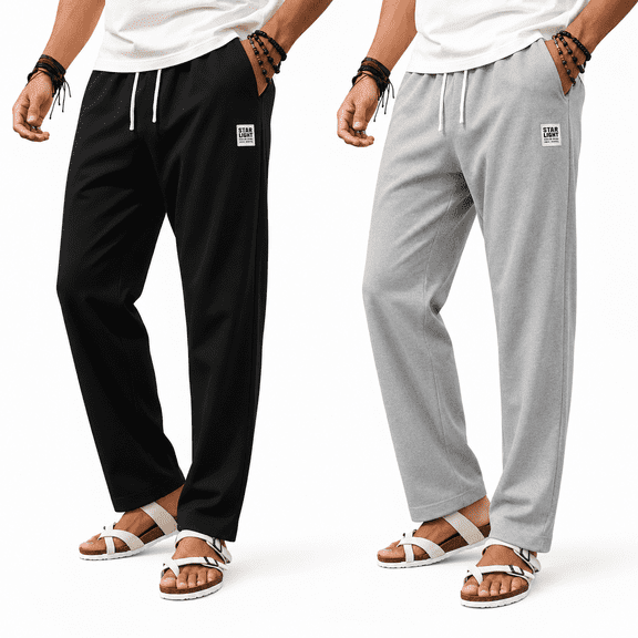 2 Pack Men's Casual Harem Pants Lightweight Breathable Drawstring Beach Lounge Yoga Pants Relaxed Fit with Elastic Waist and Pockets