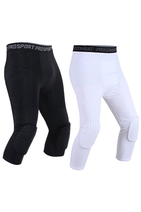 2 Pack Men's Compression Pants 3/4 Compression Tights Leggings with Knee Pads Base Layers for Basketball Athletic