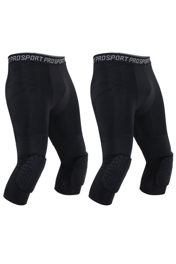 2 Pack Men's Compression Pants 3/4 Compression Tights Leggings with Knee Pads Base Layers for Basketball Athletic