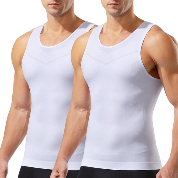 2 Pack Men's Compression Undershirt Slimming Shapewear Tank Top Sleeveless Tummy Control Shirt Shaping Vest for Men