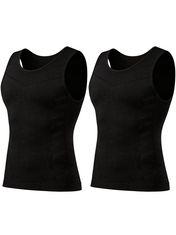 Men's Compression Shirt Seamless Abdomen Tank Top Undershirt Lightweight Breathable Base Layer for Daily, Office, Workout, 2 Pack, AK5331