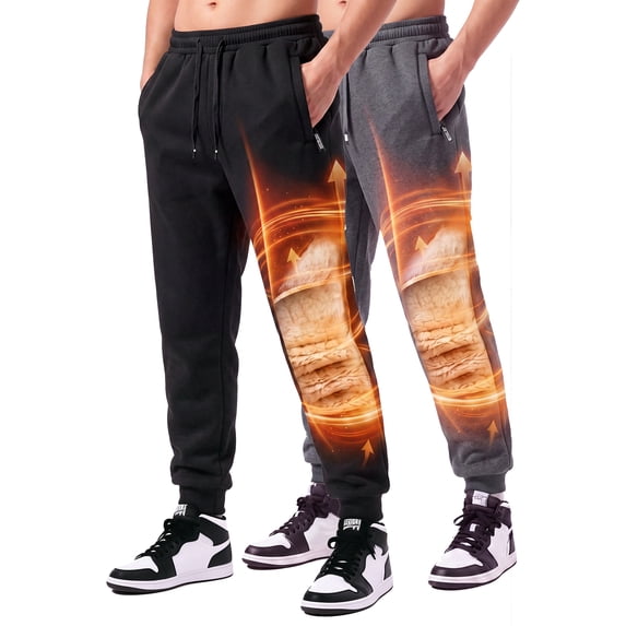 2 Pack Men's Fleece Lined Sweatpants Warm Jogger Pants with Zipper Pockets Elastic Drawstring Waist Stretch Casual Workout Pants