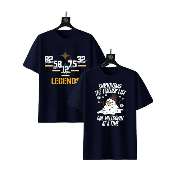 2 Pack Men's Letter Graphic Tee Casual Short Sleeve Round Neck Summer Shirt Streetwear Top Black S