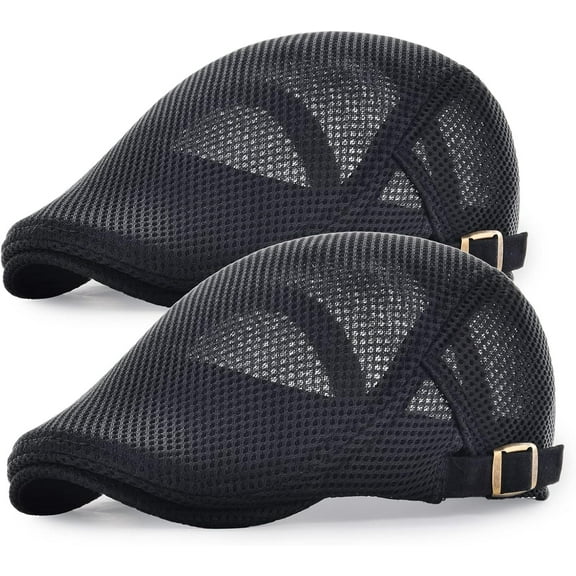 2 Pack Men's Mesh Breathable Newsboy Cap, Summer Cabbie Flat Cap Adjustable Driving Hat