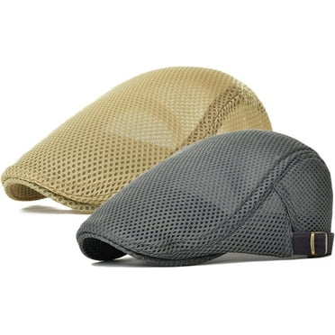 2 Pack Men's Mesh Breathable Newsboy Cap, Summer Cabbie Flat Cap Adjustable Driving Hat