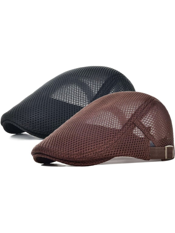 2 Pack Men's Mesh Breathable Newsboy Cap, Summer Cabbie Flat Cap Adjustable Driving Hat