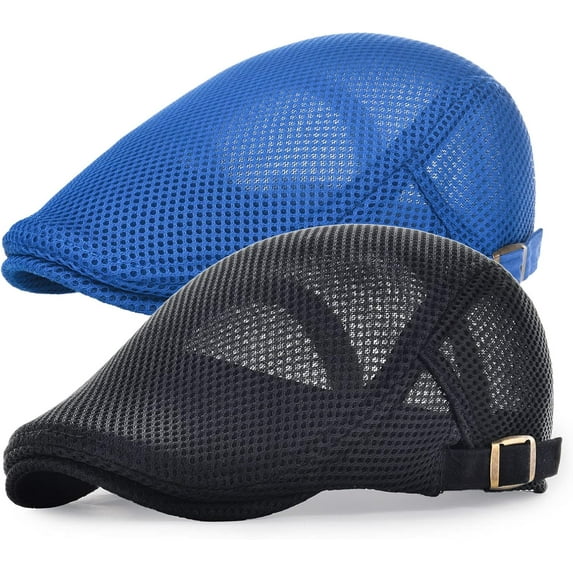 2 Pack Men's Mesh Cap Breathable Summer Newsboy Hat Adjustable Duckbill Ivy Gatsby Cabbie Driving Hat