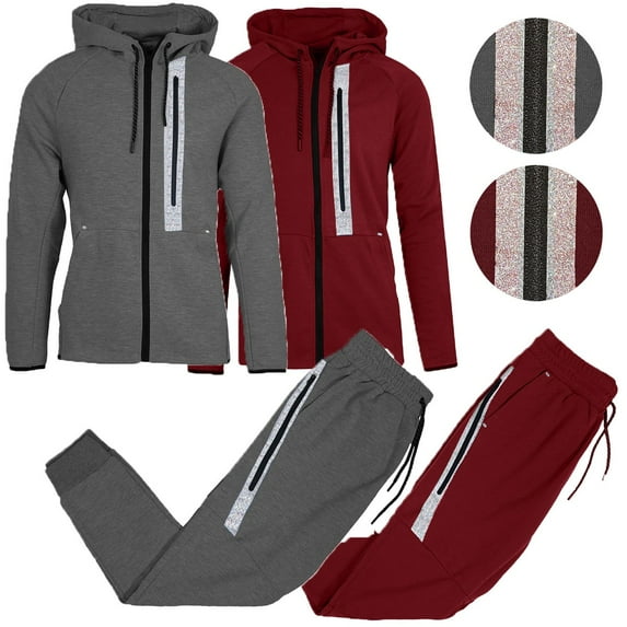 2-Pack Men's Modern Fit Full Zip Tech Fleece Hoodie and Jogger 2-Piece Set with Reflective Trim Design