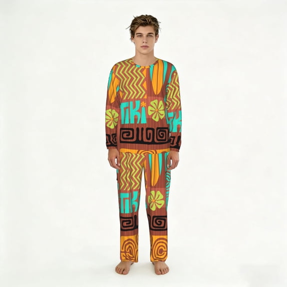 2 Pack Men's Pajamas Set Sleepwear Loungewear Pjs Sets with Pockets, Retro Tiki Tribal Hawaiian