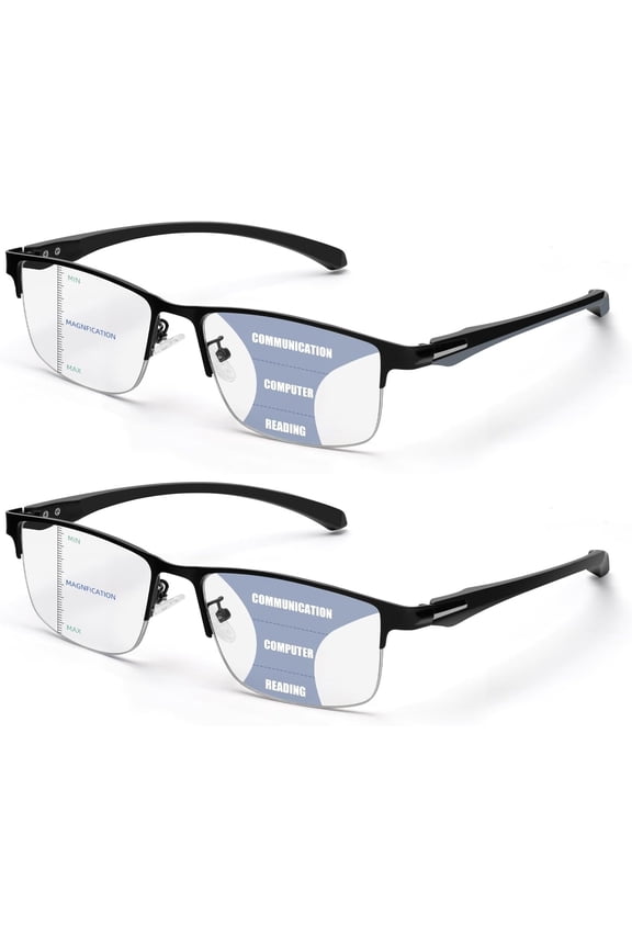 2 Pack Men's Progressive Multifocal Reading Glasses,Half Rim Metal Frame TR90 Temples Blue Light Blocking Anti Eyestrain Multifocus Computer Readers,2.5x