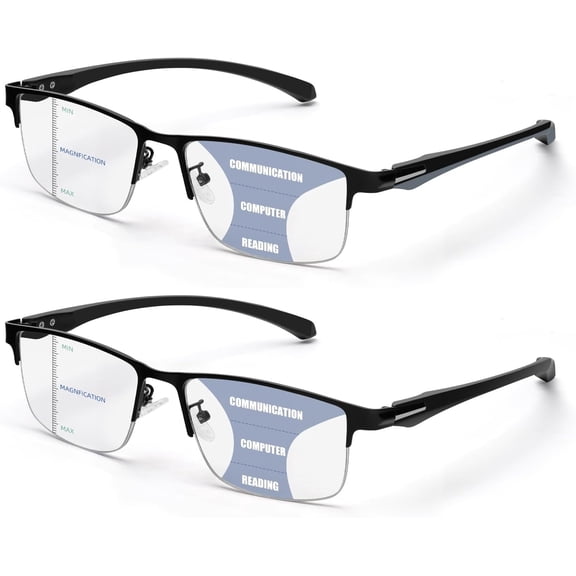 2 Pack Men's Progressive Multifocal Reading Glasses,Half Rim Metal Frame TR90 Temples Blue Light Blocking Anti Eyestrain Multifocus Computer Readers