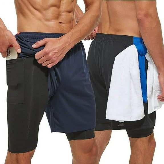 2 Pack Men's Running Shorts Gym Athletic Shorts with Zip Pockets Quick Dry Sport Workout Shorts for Fitness,Jogger,Trainning