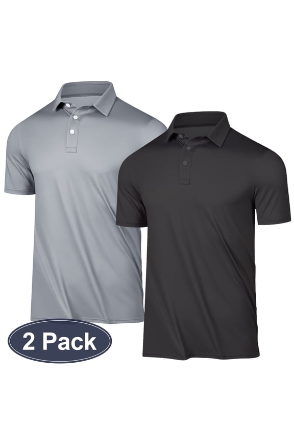 2 Pack Men’s Short Sleeve Polo Shirts Big and Tall Mens Shirts UPF 30+ Black Gray M