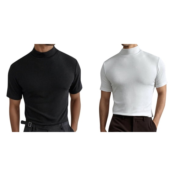 2 Pack Men's T Shirts Mens T Shirt Short Sleeve Basic Mock Turtleneck Slim Fit Undershirt Pullover Thermal Solid Tops Men Shirt L