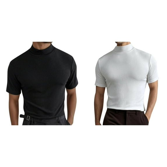 2 Pack Men's T Shirts Mens T Shirt Short Sleeve Basic Mock Turtleneck Slim Fit Undershirt Pullover Thermal Solid Tops Mens Casual Shirts M