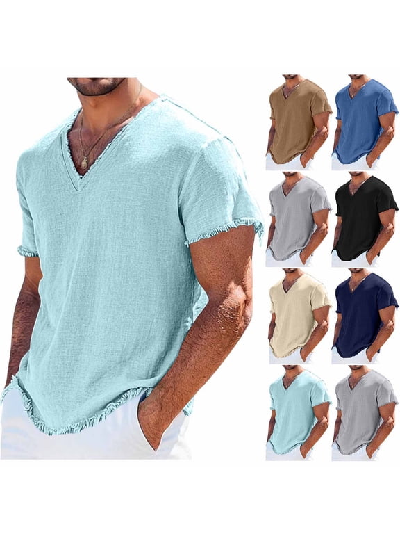 2 Pack Mens Big & Tall Linen Summer T-Shirts Plus Size Short Sleeve Tshirts Shirts for Men Lightweight Ripped V Neck Casual Tees Tops S-4X